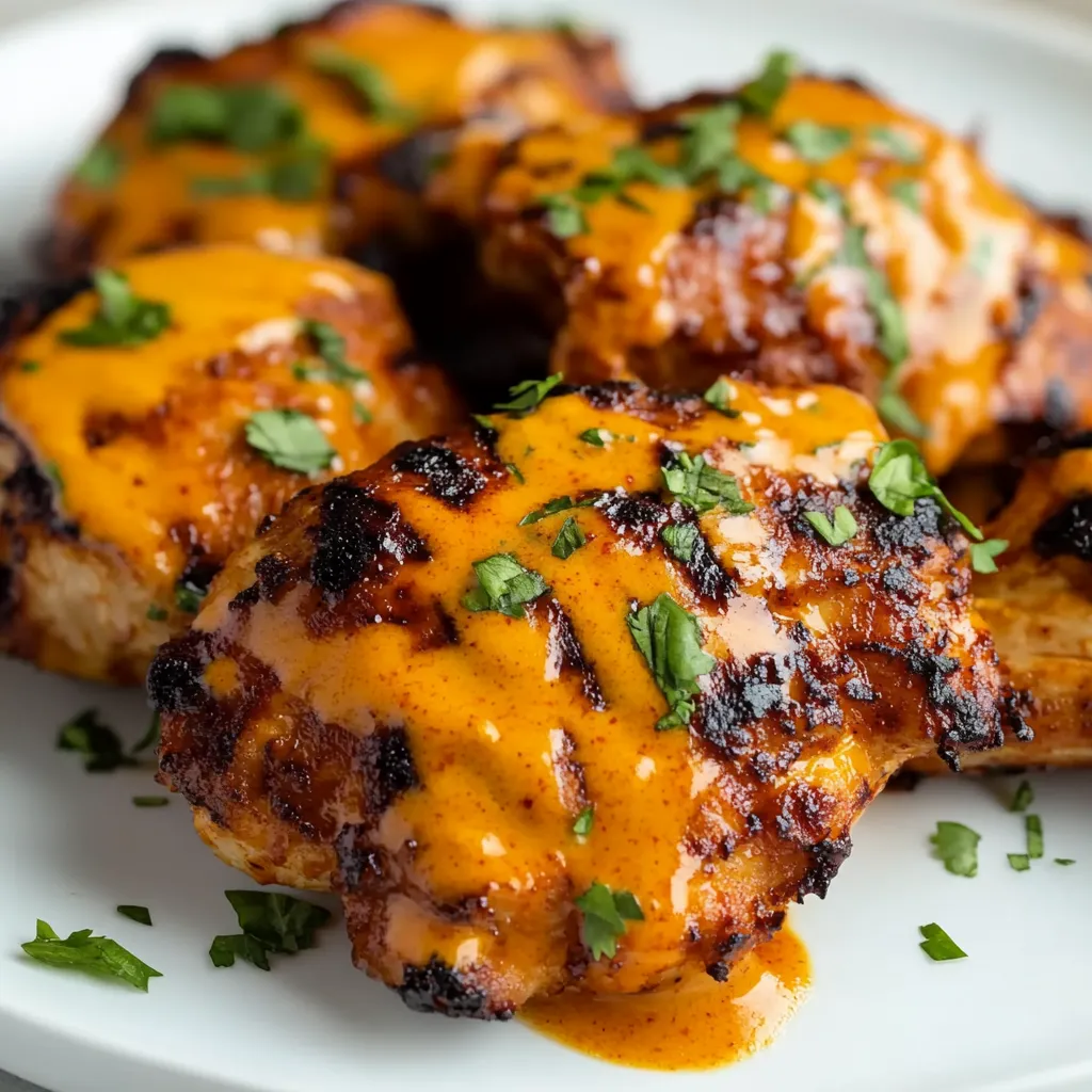 Chicken with sauce on a plate.
