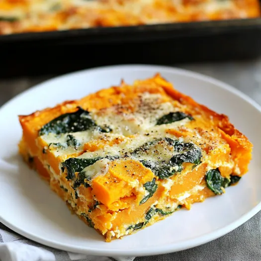Cheesy baked slice with spinach on a plate.