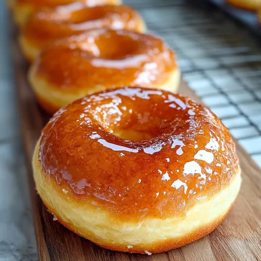 A shiny donut resting on a wooden board.