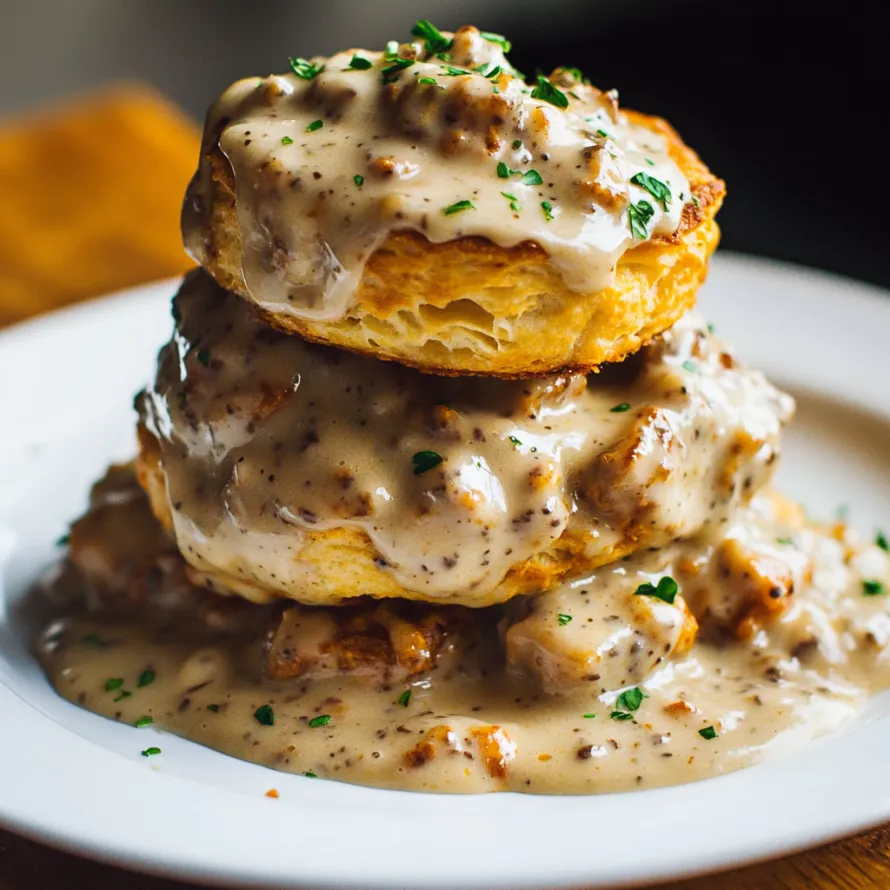 Fluffy biscuits smothered in creamy gravy.