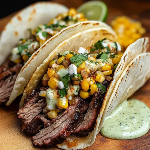 Two loaded tacos with flavorful meat and street corn on a rustic surface.