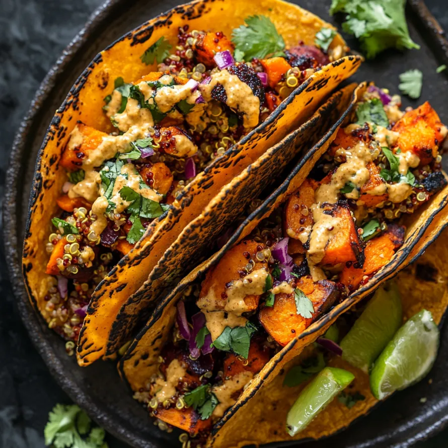 Two loaded tacos with fresh toppings.