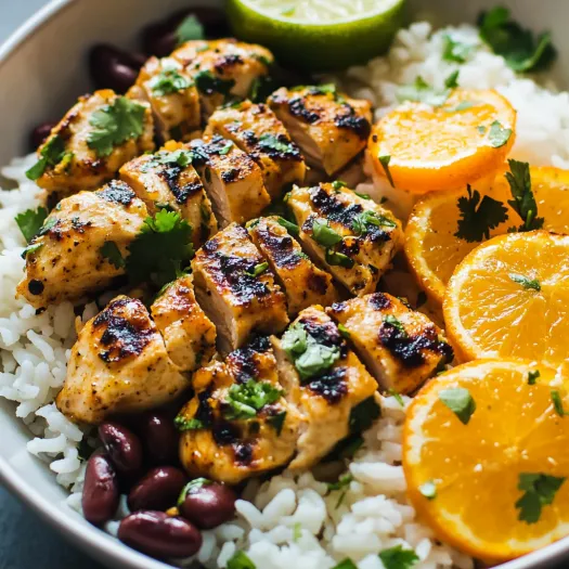 A bowl of rice with chicken and oranges.