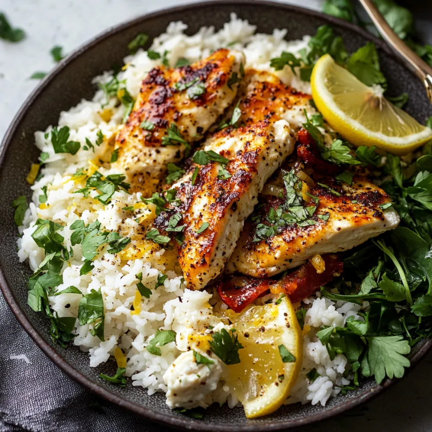 A bowl of chicken, rice, and veggies with a slice of lemon.