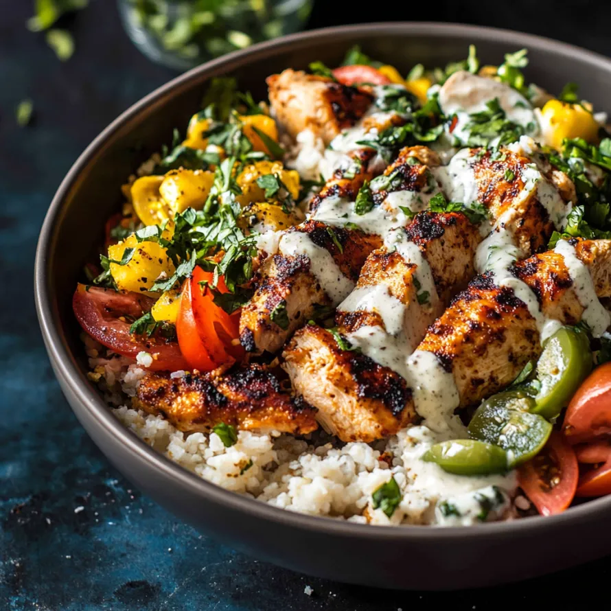 A bowl full of rice, chicken, fresh vegetables, and greens.