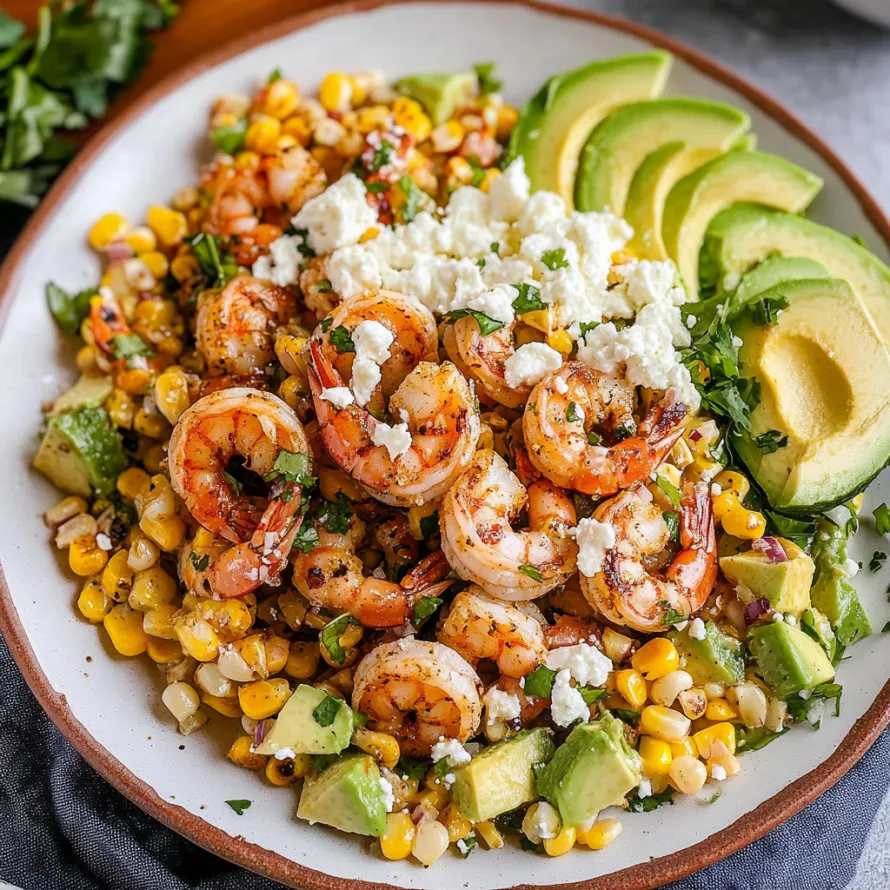 A meal with shrimp, charred corn, avocado, and cheese.