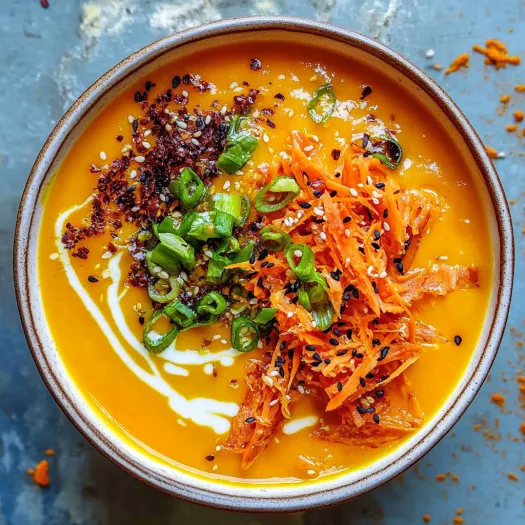 A hearty bowl of bright-colored soup with veggies.
