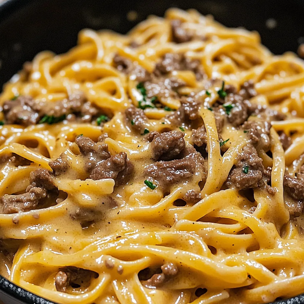 One-pot creamy garlic beef pasta dish