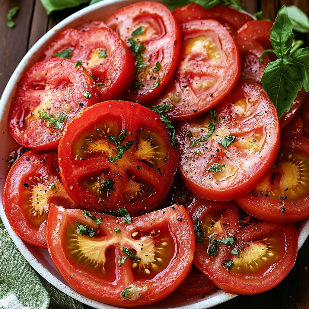 A dish of sliced seasoned tomatoes.