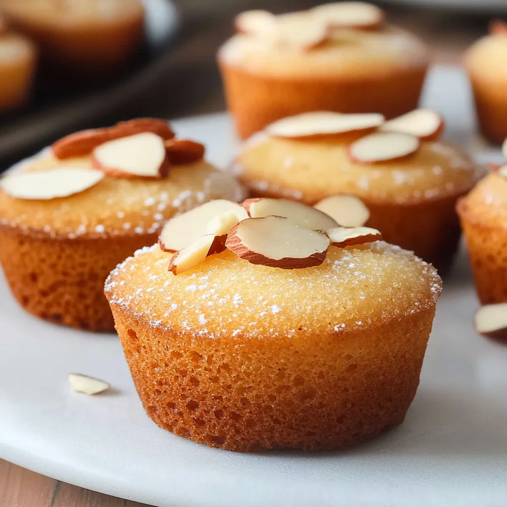 A plate of cupcakes with almonds on top.