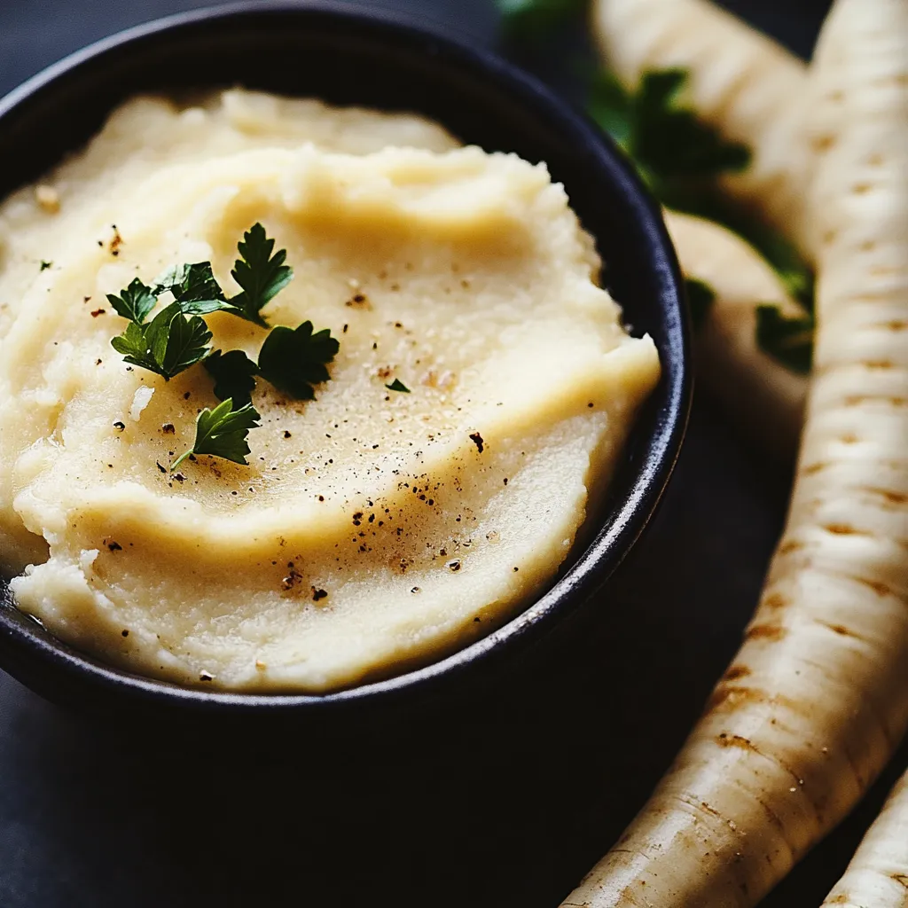 A bowl of creamy white mash topped with fresh parsley.