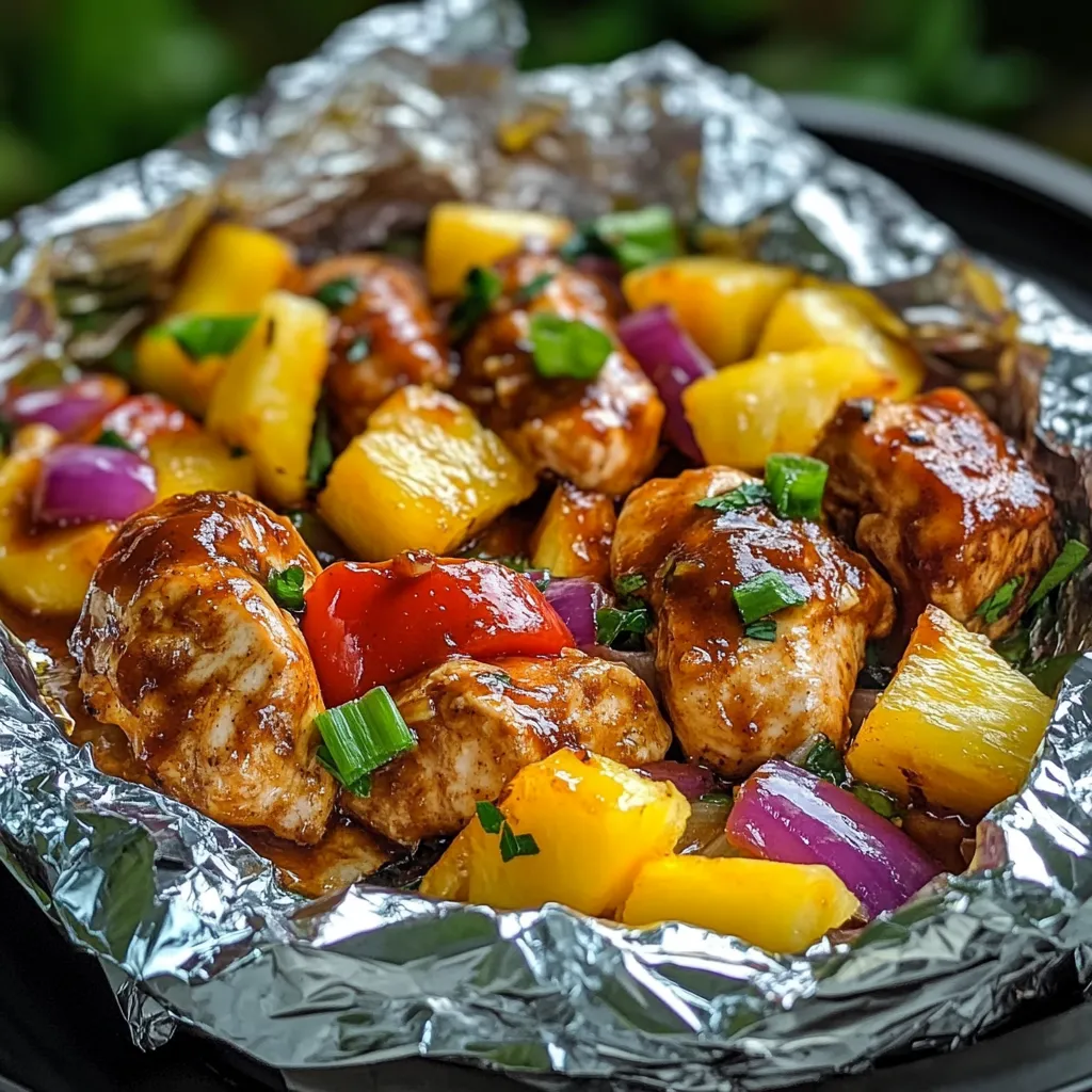 A foil wrapped dish packed with chicken and colorful veggies.