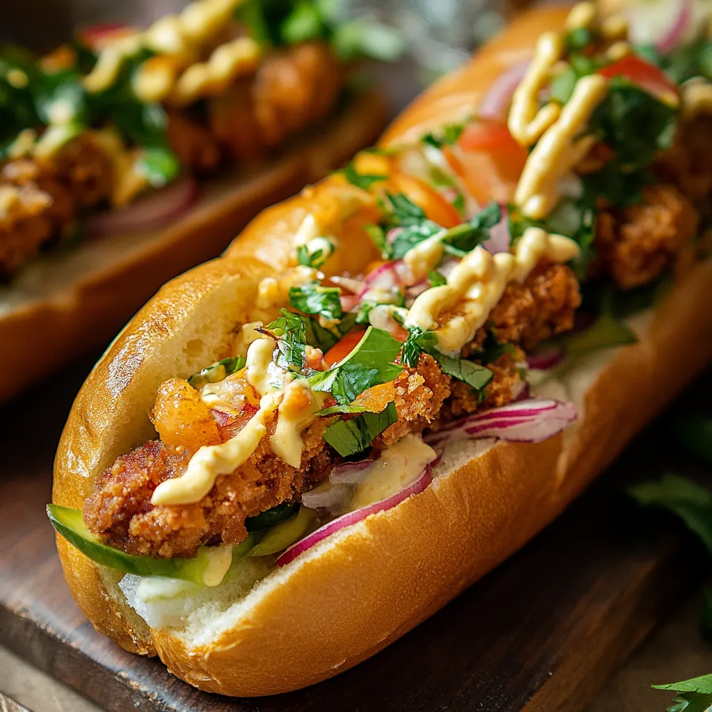 A loaded sandwich with crispy chicken and toppings.