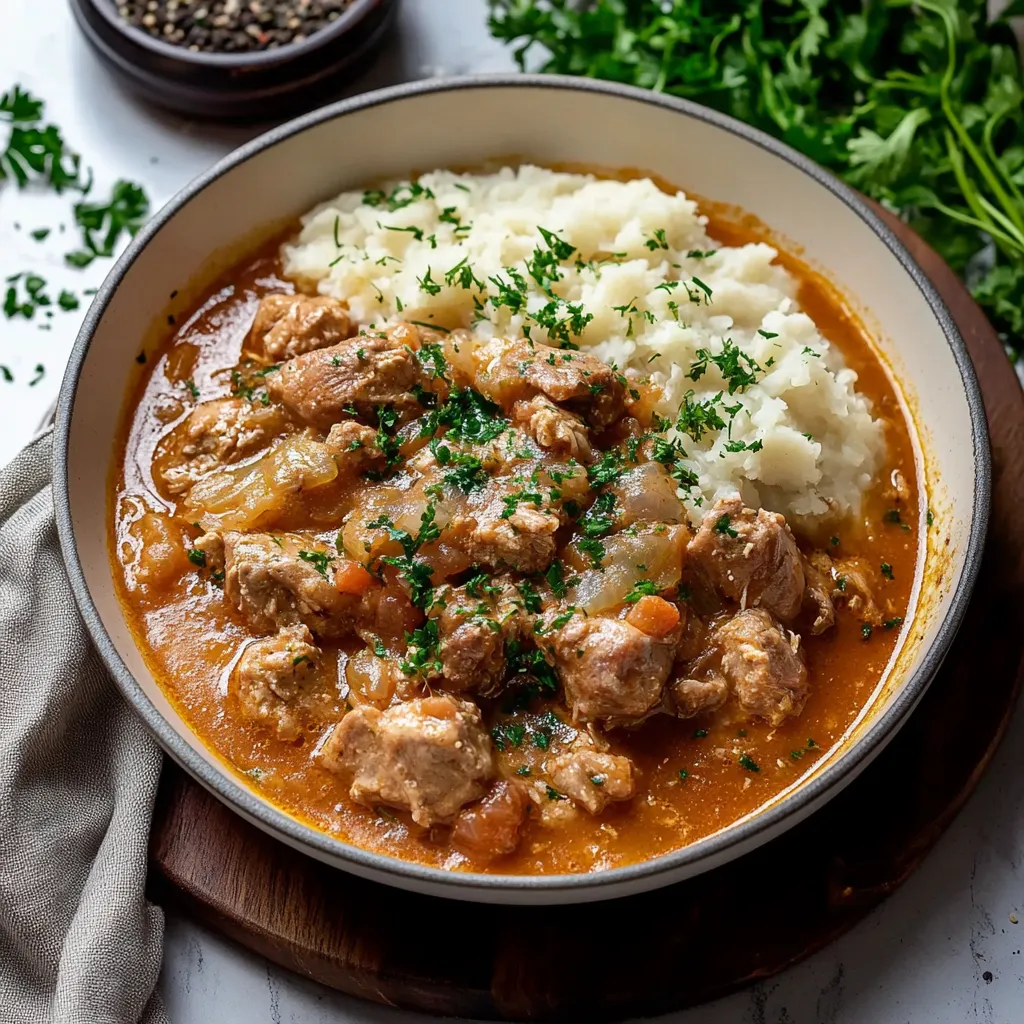 A hearty stew with meat and potatoes in a bowl.
