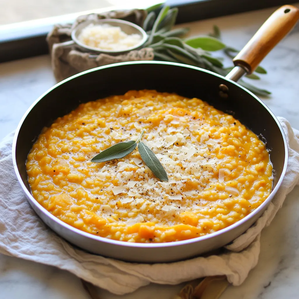 A bowl filled with creamy squash rice topped with a fresh herb leaf.