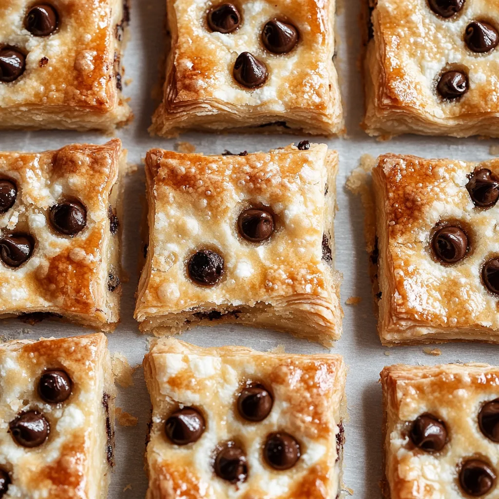 A baked square topped with chocolate chips.