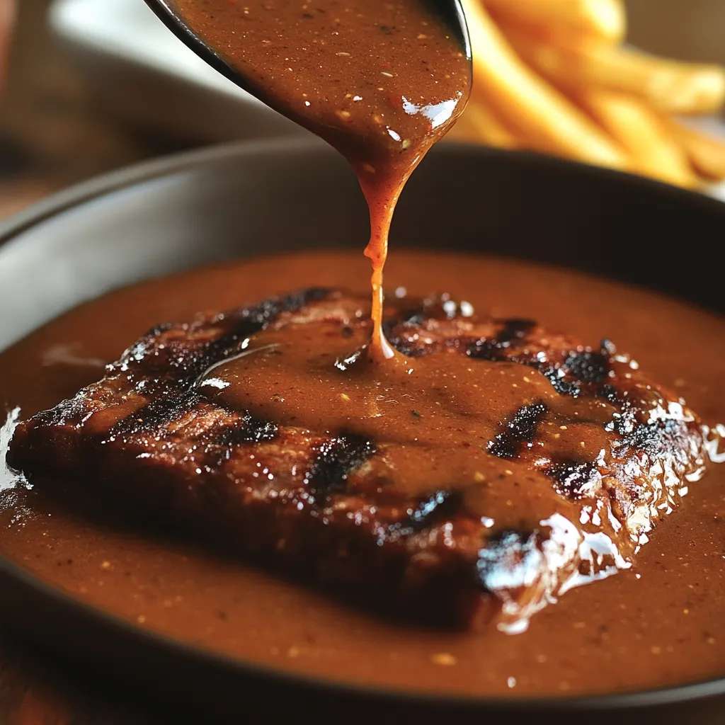 A spoon dipping into a bowl filled with sauce.