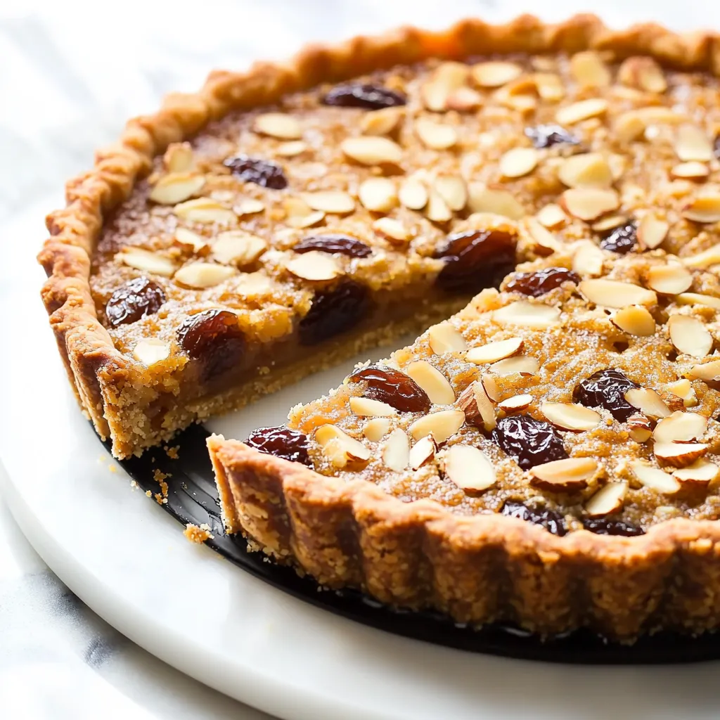 Slice of tart topped with almonds and raisins.