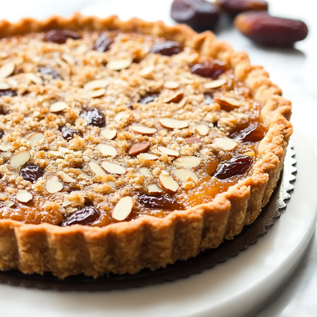 A pie topped with crumbles on a cake stand.