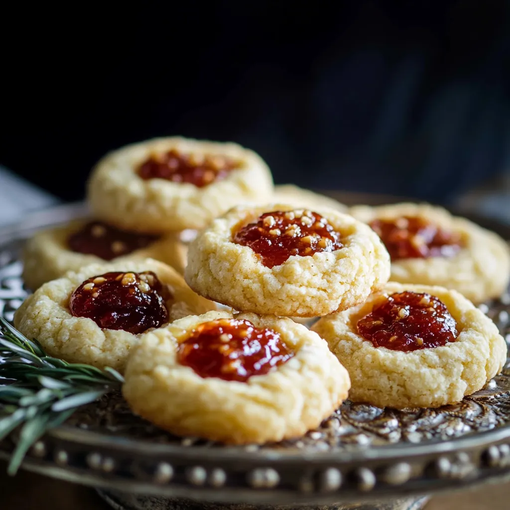 A plate of cookies with jam in the middle.