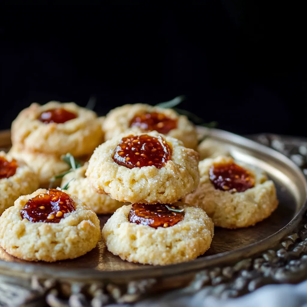 A plate of cookies with jam on top.
