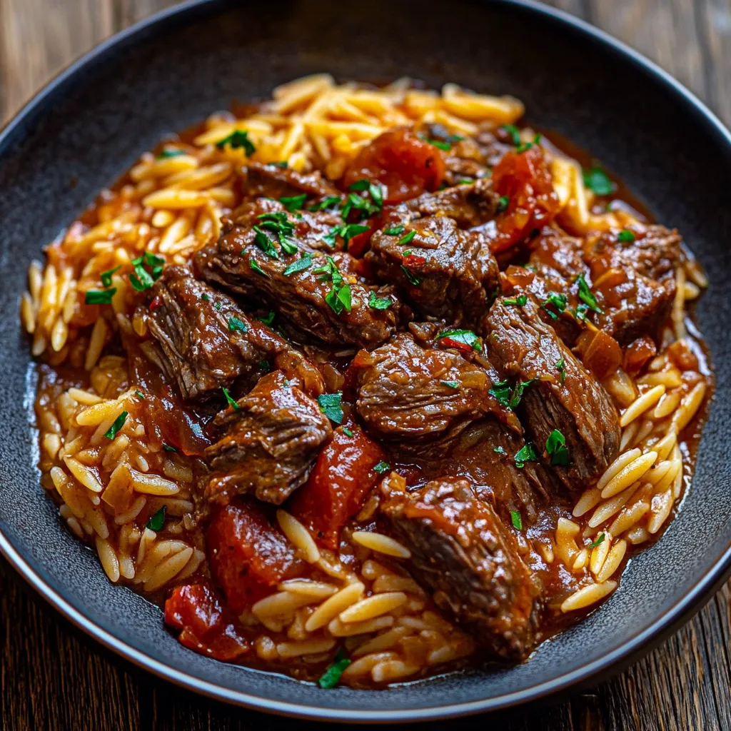 A bowl loaded with beef and noodles in a hearty stew.