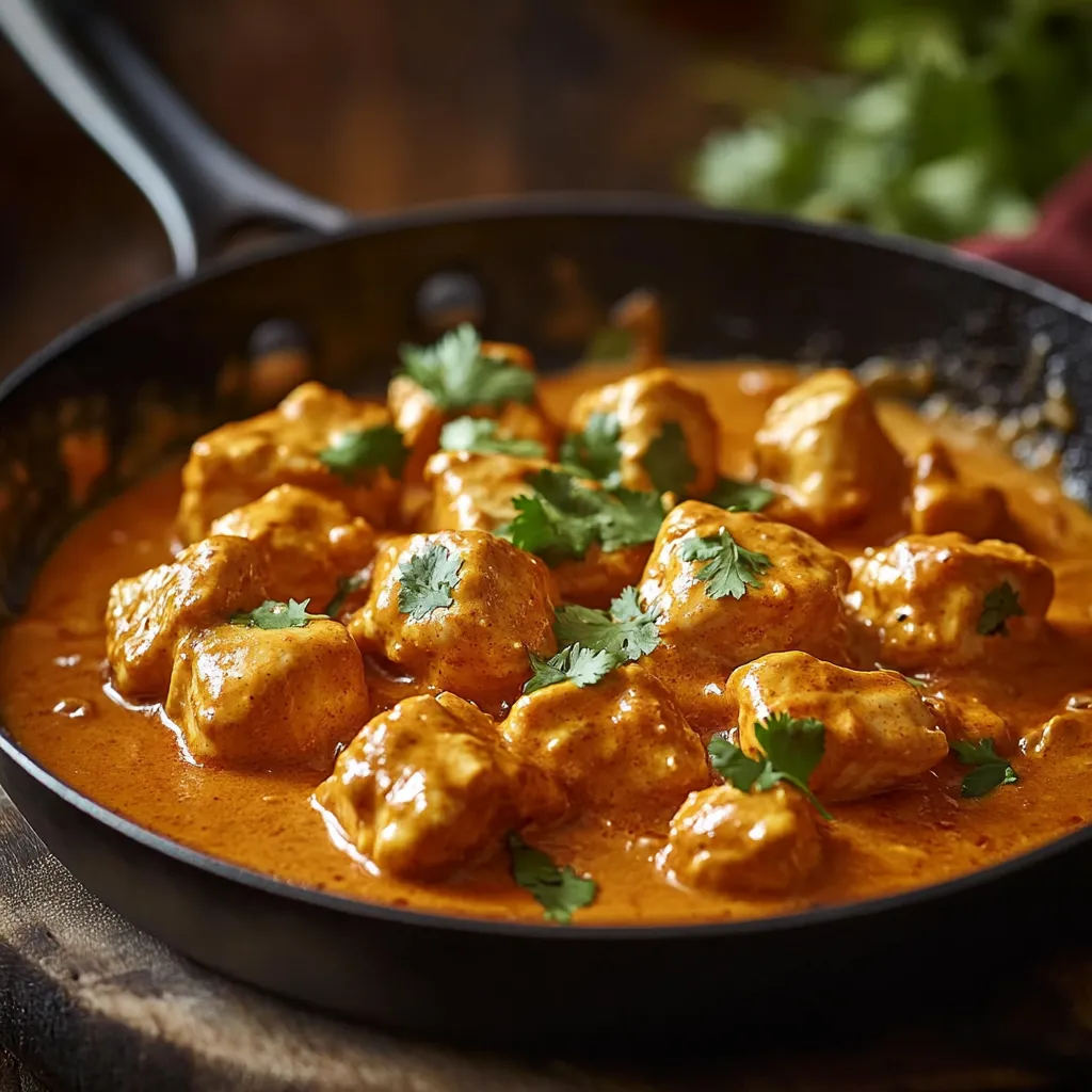 Pan of chicken in creamy sauce sprinkled with herbs.