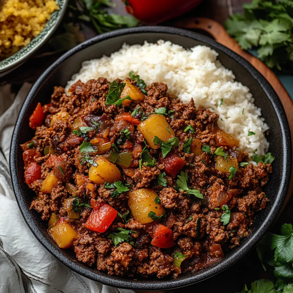 A heaping bowl of beef stew and rice.