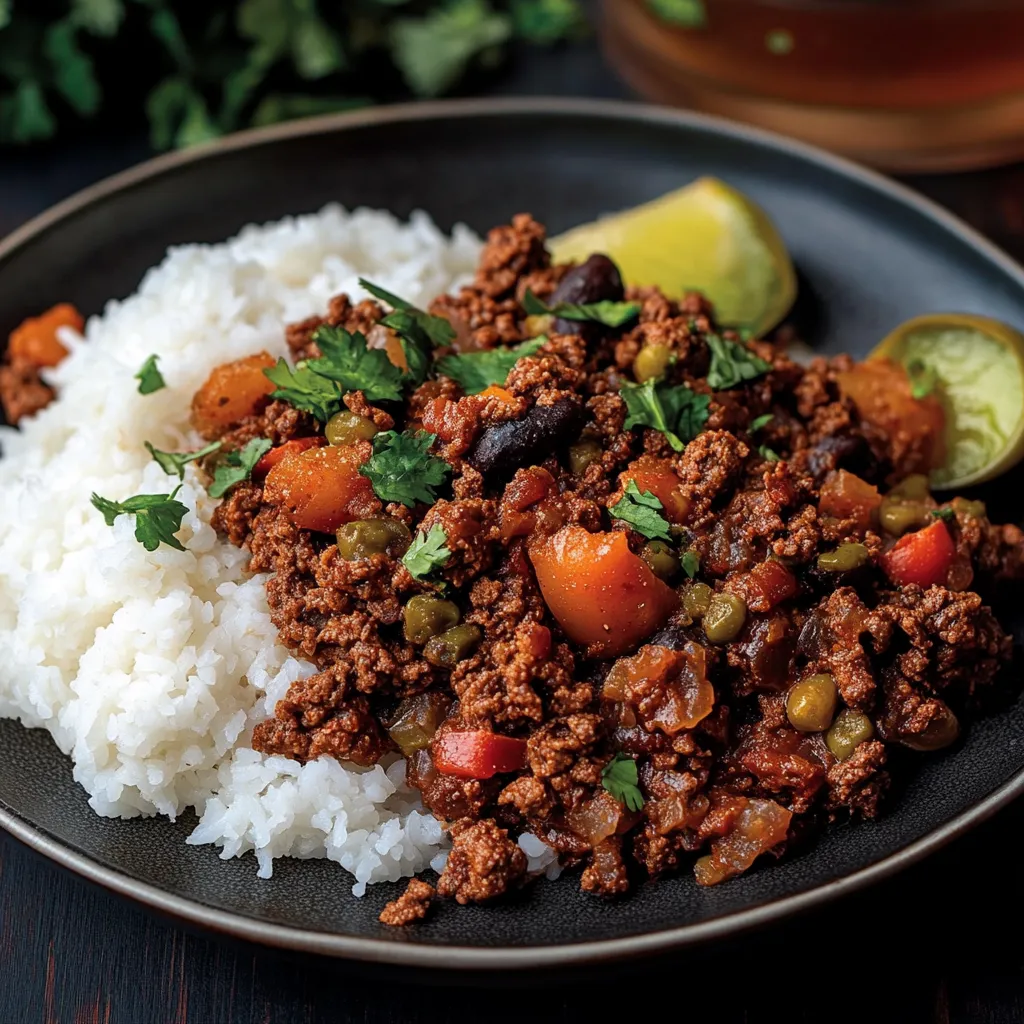 A serving showing meat and rice together on a plate.
