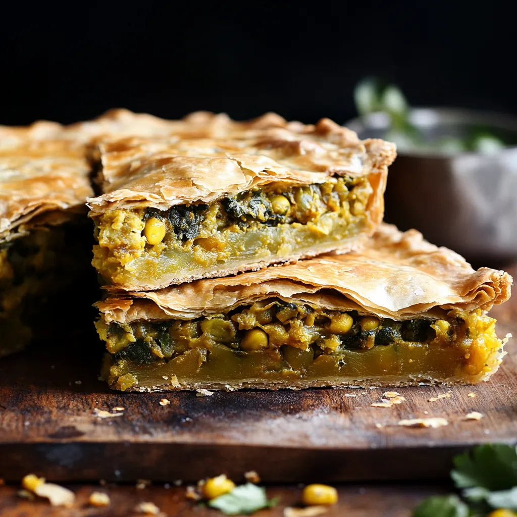 A slice of pie with corn and greens.