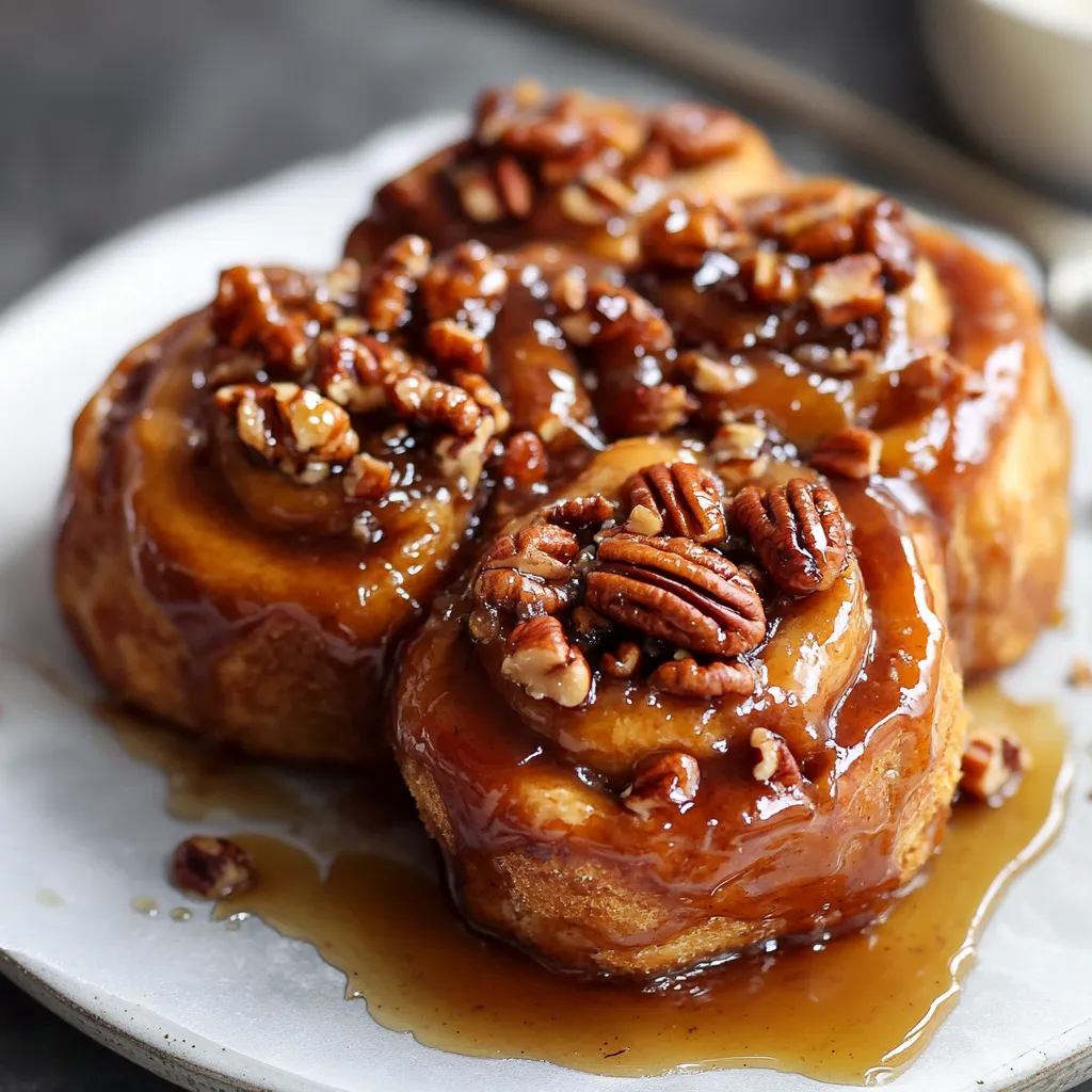 Two gooey buns with pecans piled on top.