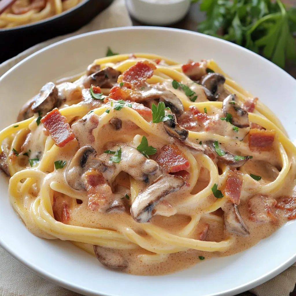 Pasta with bacon and mushrooms on a plate.