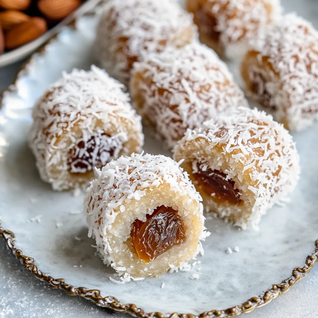 A plate showing coconut and date treats topped with almonds.
