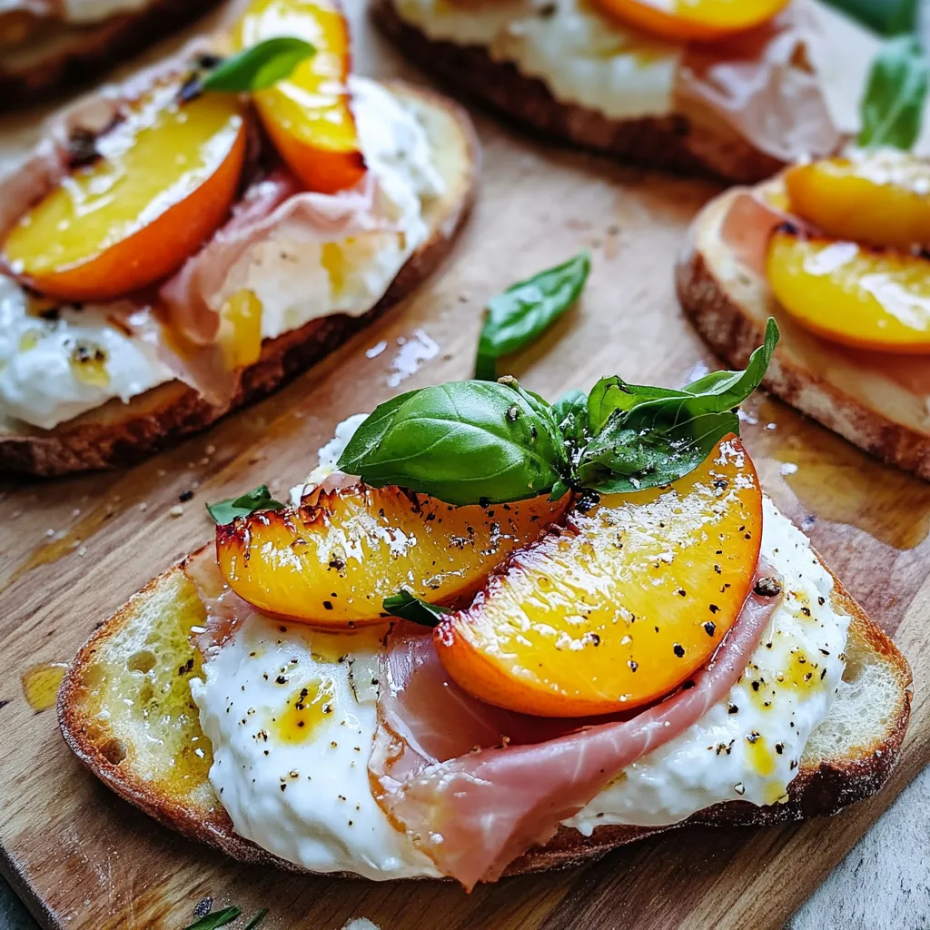Crispy bread topped with melted cheese, ham, and a peach.