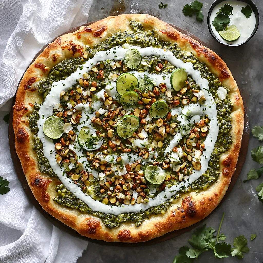 A pizza covered with green veggies and drizzled with creamy sauce.