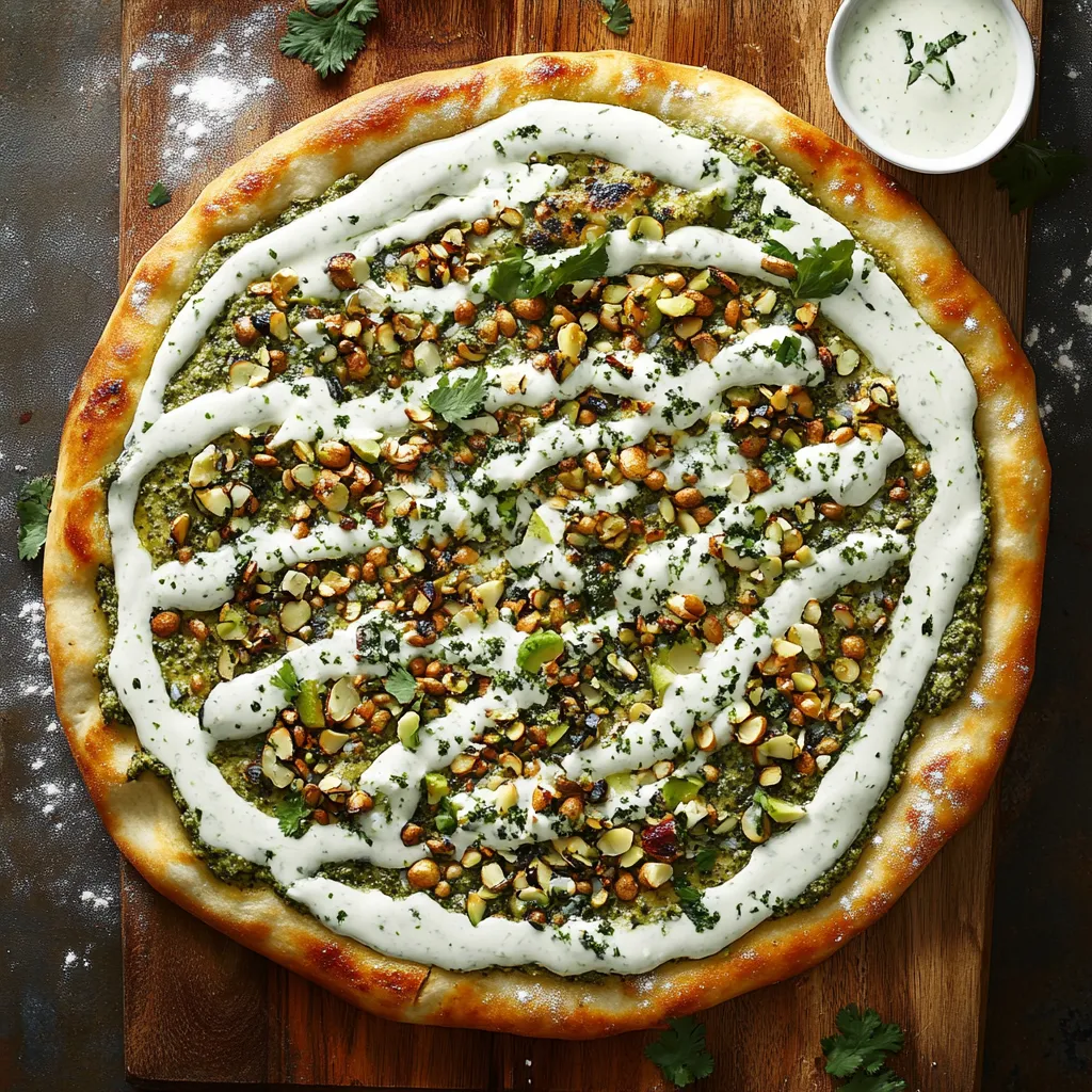 A pizza topped with white sauce and toasted seeds.