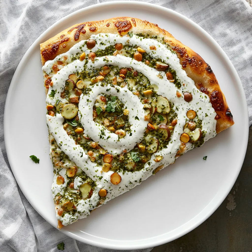 A pizza slice with herby crema and crunchy toppings.