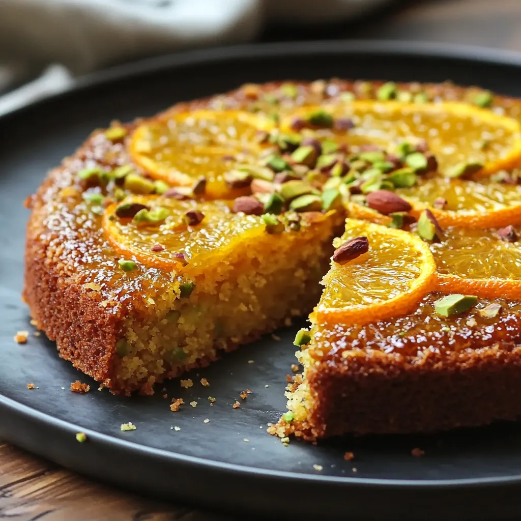 Orange almond cake slice garnished with nuts.