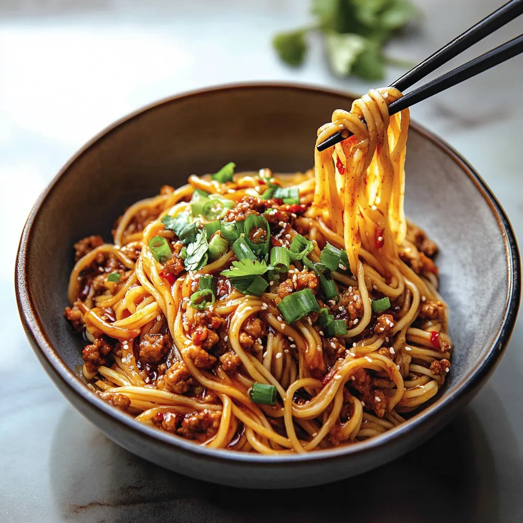 A bowl stacked with colorful noodles, veggies, and meat.