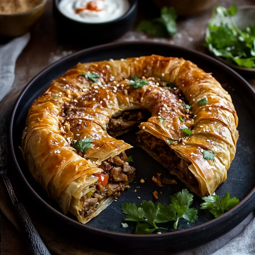 A golden pastry loaded with meat and cheese cooked inside.