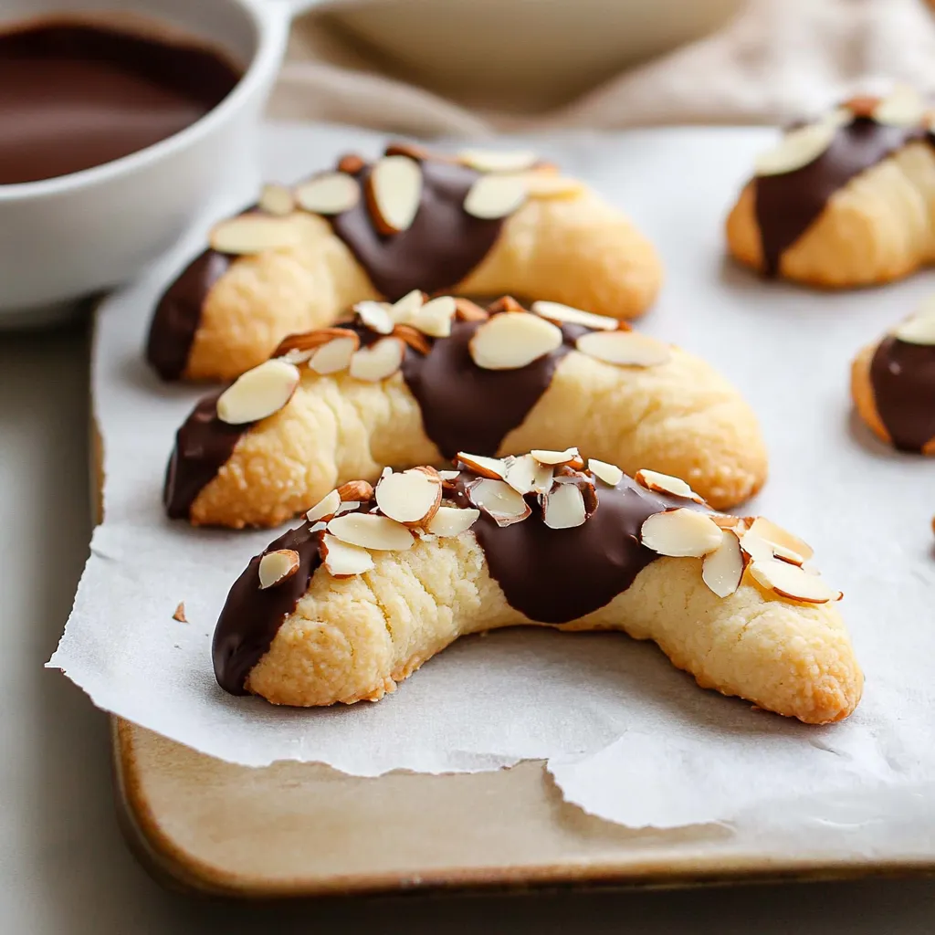 A plate full of chocolate-dipped almond crescents.