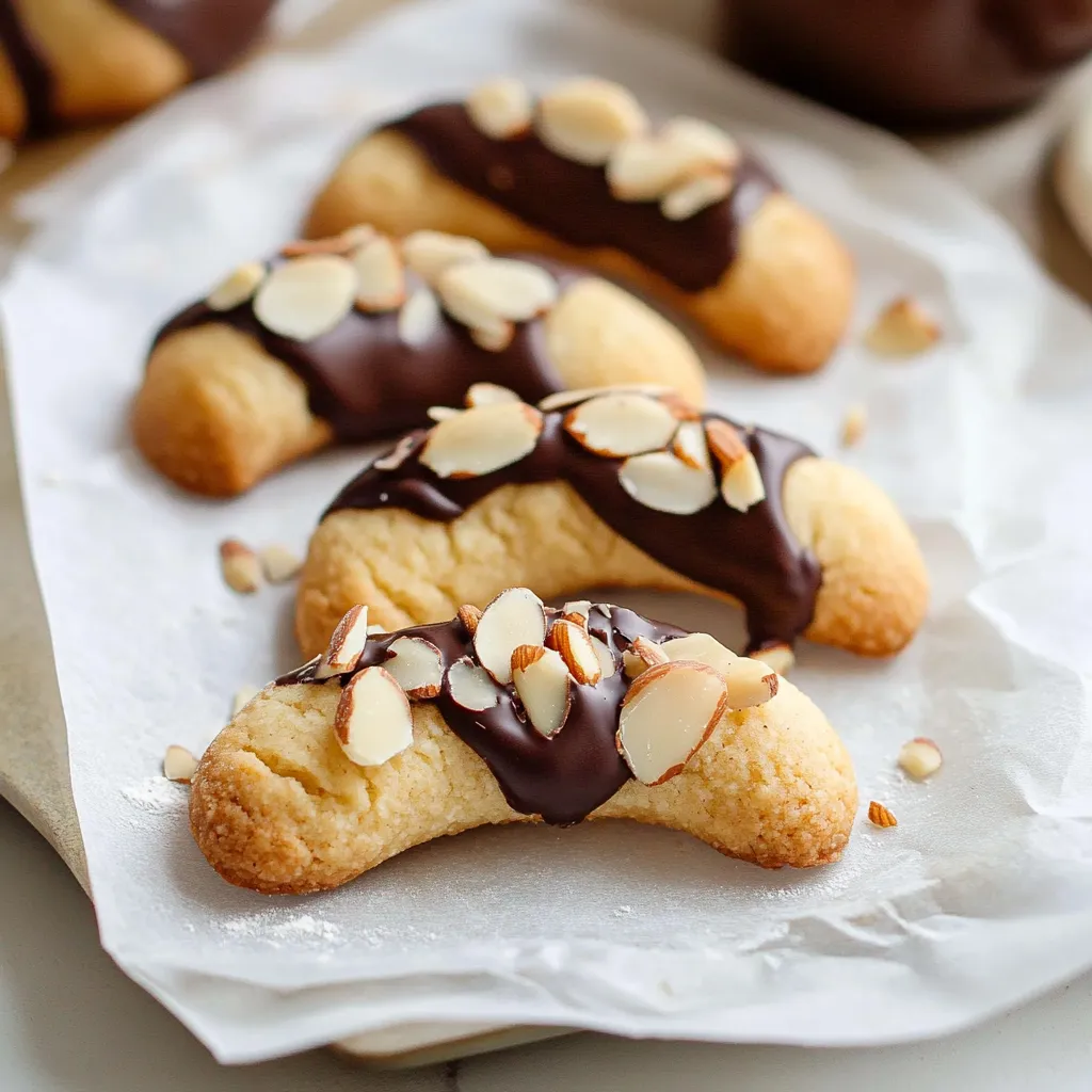 A plate stacked with chocolate-dipped almond cookies.