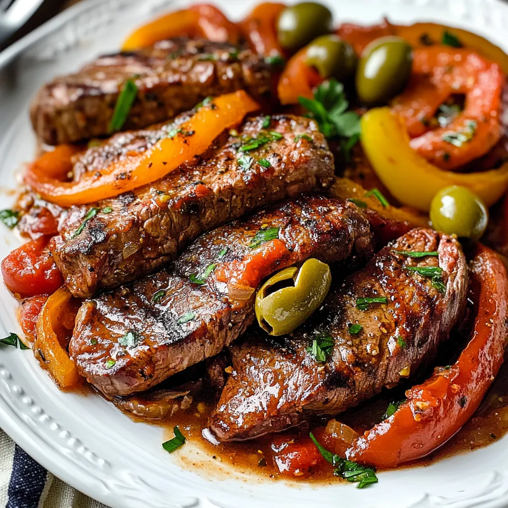 Steak, peppers, olives served up on a plate.
