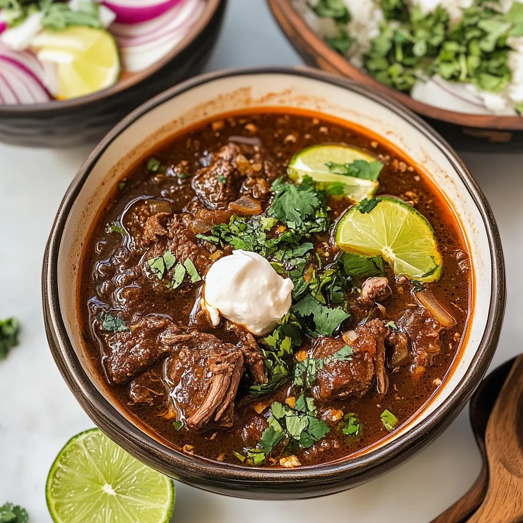 Big bowl of beefy soup with lime wedges.
