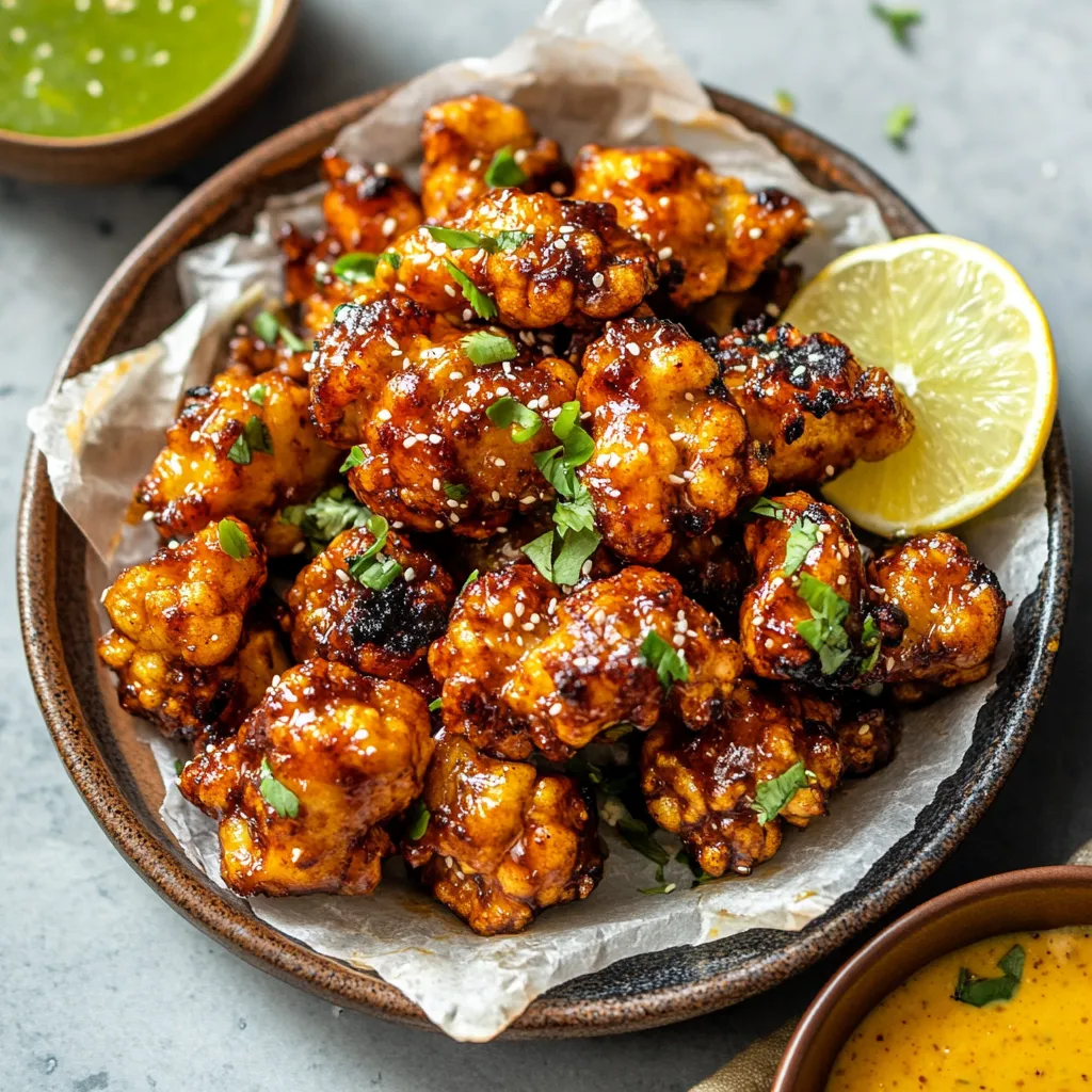Bowl filled with saucy wings and a wedge of lemon.