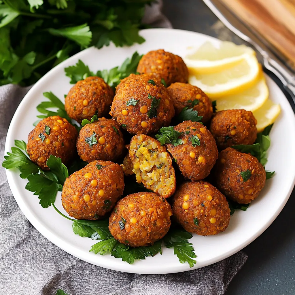 Plate full of lentil balls next to a lemon.