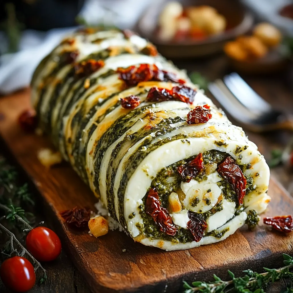 Big cheese log with nuts on a wooden board.