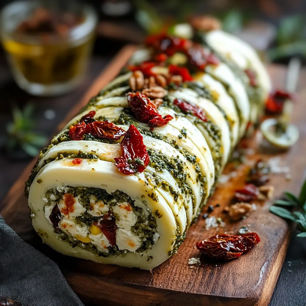A roll of food with red peppers and cheese.