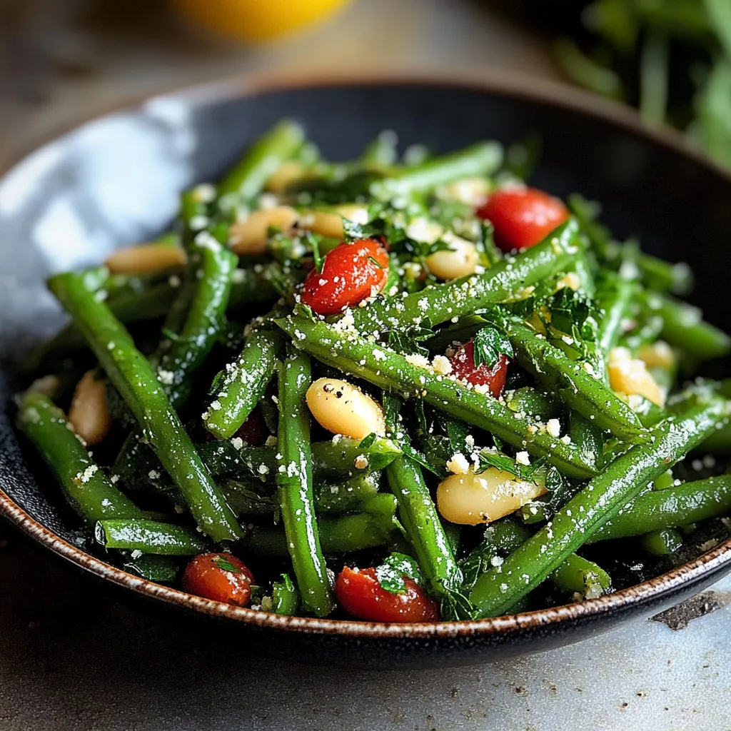 A bowl packed with green beans, tomatoes, and cheesy bits.
