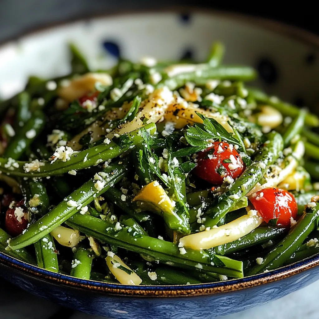 A bowl of green beans with cheese and tomatoes.